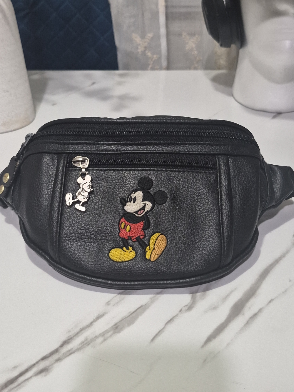 Vintage Disney Mickey Mouse Black Faux Leather Fanny Pack / Waist Bag